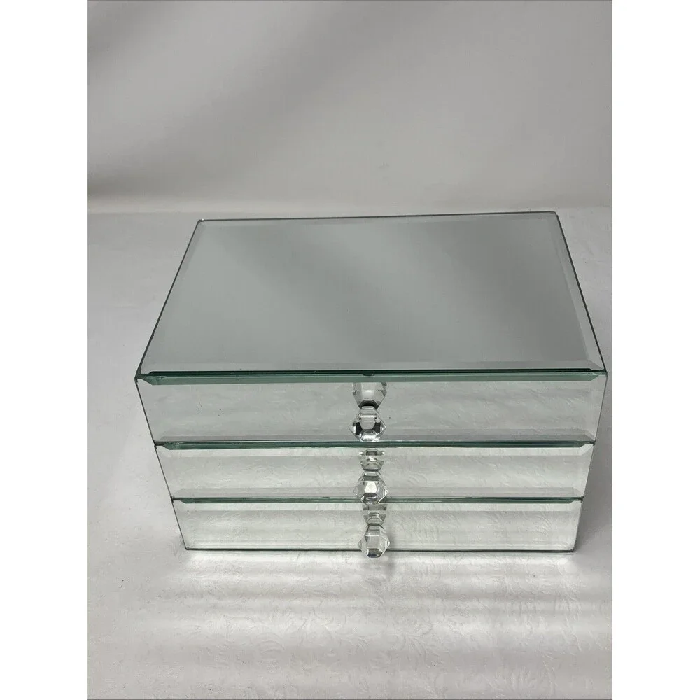 Mirrored Jewelry Box 3 Drawer Glass Organizer Crystal Knobs Ring Tray 9x6x5.5”